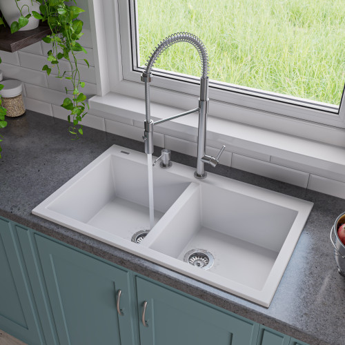 ALFI White 34" x 20" Drop-In Double Bowl Granite Composite Kitchen Sink - AB3420DI-W
