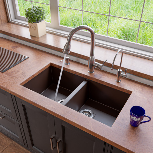 ALFI Chocolate 34" x 18" Undermount Double Bowl Granite Composite Kitchen Sink - AB3420UM-C