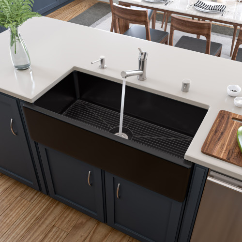 ALFI 36" x 18" Black Gloss Reversible Smooth / Fluted Single Bowl Fireclay Farmhouse Sink - AB3618HS-BG