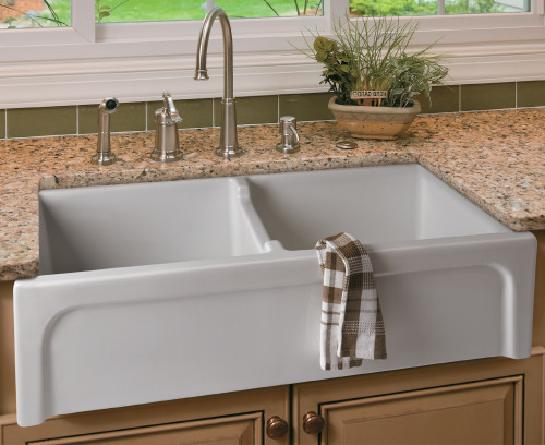 ALFI 39" x 18" White Arched Apron Thick Wall Fireclay Double Bowl Farm Sink - AB3918ARCH-W