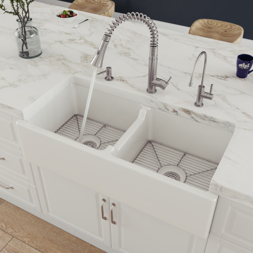 Alfi AB3918DB-W 39" x 18" White Smooth Apron Thick Wall Fireclay Double Bowl Farmhouse Sink