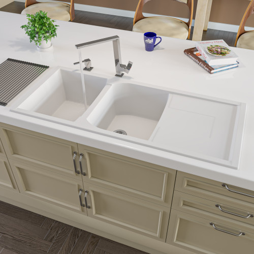ALFI White 46" x 20" Double Bowl Granite Composite Kitchen Sink with Drainboard - AB4620DI-W