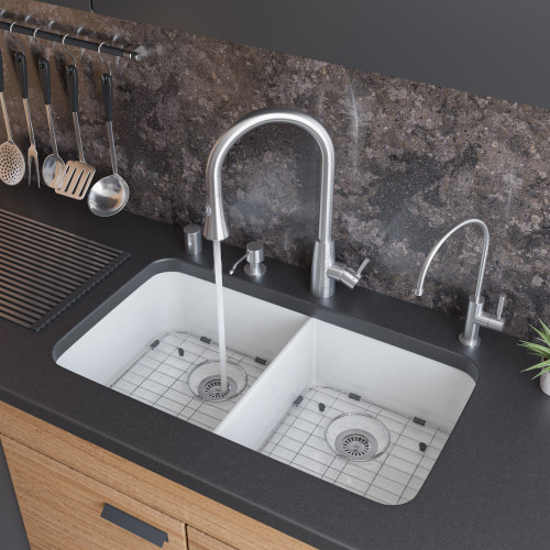 ALFI 32" x 18" White Double Bowl Fireclay Undermount Kitchen Sink - AB512UM-W