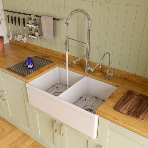 ALFI White 32" x 20" Decorative Lip Apron Double Bowl Fireclay Farmhouse Kitchen Sink - AB539-W