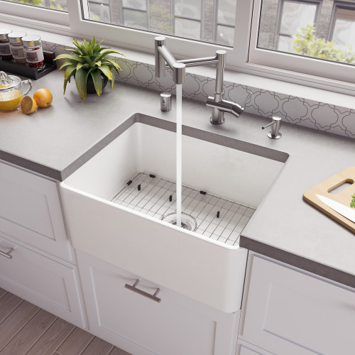 ALFI 24" x 18" White Thin Wall Single Bowl Smooth Apron Fireclay Kitchen Farm Sink - ABF2418-W
