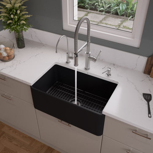 ALFI Black Matte Smooth Apron 30" x 18" Single Bowl Fireclay Farm Sink - ABF3018-BM