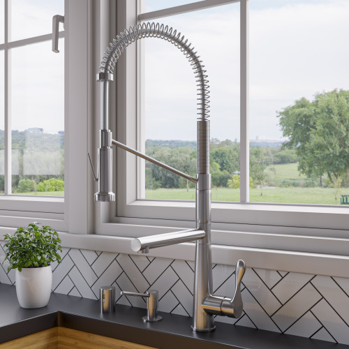 ALFI Brushed Nickel Double Spout Commercial Spring Kitchen Faucet with Pullout Spray - ABKF3787-BN