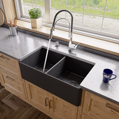 ALFI Black Matte Smooth Apron 33" x 18" Double Bowl Fireclay Farmhouse Sink - ABF3318D-BM