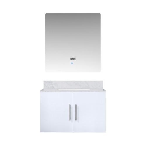 Lexora Geneva 30" Glossy White Single Wall Mount Vanity Cabinet, White Carrara Marble Top, White Square Sink and 30" LED Mirror