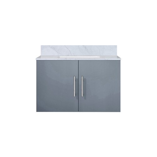 Lexora Geneva 30" Dark Grey Single Wall Mount Vanity Cabinet, White Carrara Marble Top, White Square Sink and no Mirror