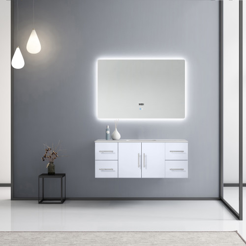 Lexora Geneva 48" Glossy White Single Wall Mount Vanity, White Carrara Marble Top, White Square Sink and 48" LED Mirror