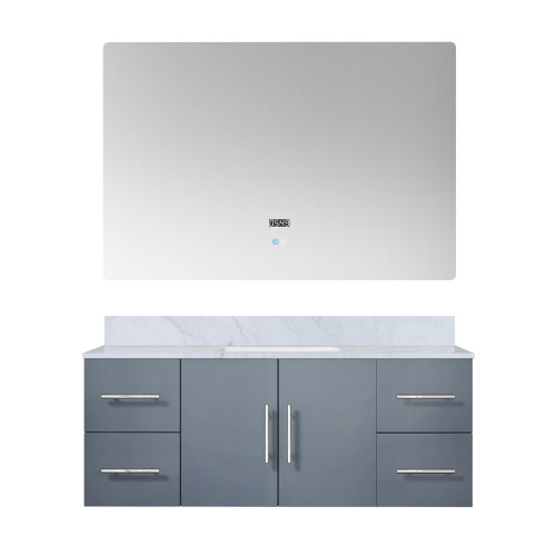 Lexora Geneva 48" Dark Grey Single Wall Mount Vanity Cabinet, White Carrara Marble Top, White Square Sink and 48" LED Mirror