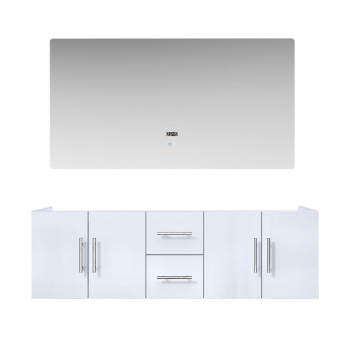 Lexora Geneva 60" Glossy White Double Wall Mount Vanity Cabinet, no Top and 60" LED Mirror