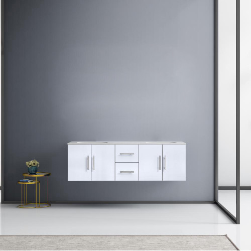 Lexora Geneva 60" Glossy White Double Wall Mount Vanity, White Carrara Marble Top, White Square Sinks and no Mirror