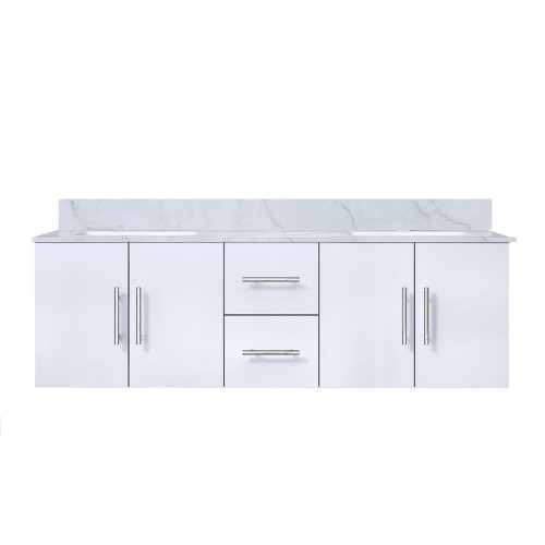 Lexora Geneva 60" Glossy White Double Wall Mount Vanity Cabinet, White Carrara Marble Top, White Square Sinks and no Mirror