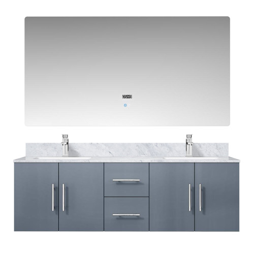 Lexora Geneva 60" Dark Grey Double Wall Mount Vanity Cabinet, White Carrara Marble Top, White Square Sinks and 60" LED Mirror w/ Faucets
