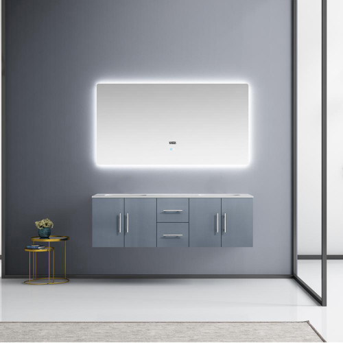 Lexora Geneva 60" Dark Grey Double Wall Mount Vanity, White Carrara Marble Top, White Square Sinks and 60" LED Mirror