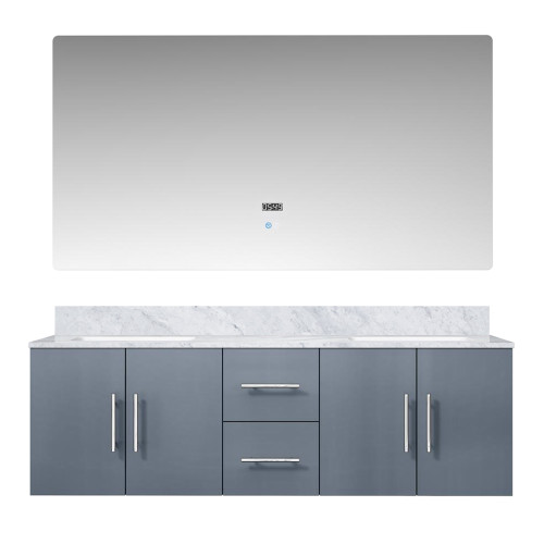 Lexora Geneva 60" Dark Grey Double Wall Mount Vanity Cabinet, White Carrara Marble Top, White Square Sinks and 60" LED Mirror