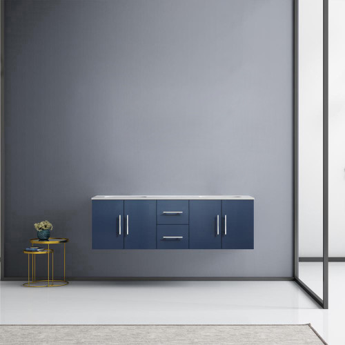 Lexora Geneva 60" Navy Blue Double Wall Mount Vanity, White Carrara Marble Top, White Square Sinks and no Mirror