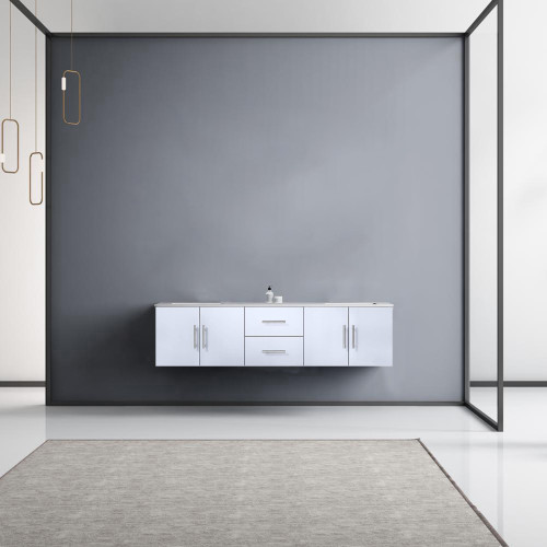 Lexora Geneva 72" Glossy White Double Wall Mount Vanity, White Carrara Marble Top, White Square Sinks and no Mirror