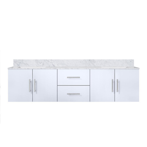 Lexora Geneva 72" Glossy White Double Wall Mount Vanity Cabinet, White Carrara Marble Top, White Square Sinks and no Mirror