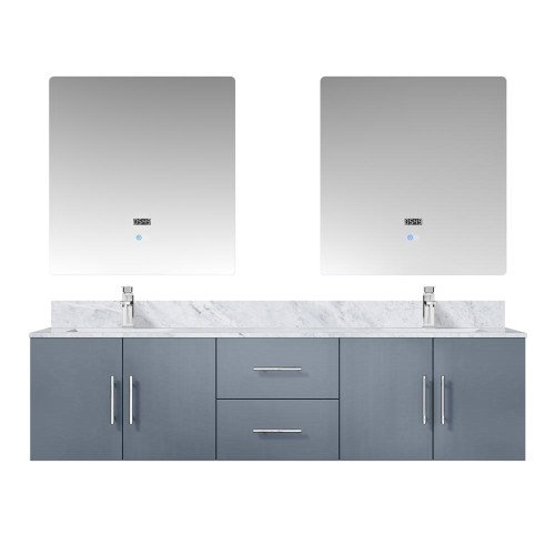 Lexora Geneva 72" Dark Grey Double Wall Mount Vanity Cabinet, White Carrara Marble Top, White Square Sinks and 30" LED Mirrors w/ Faucets