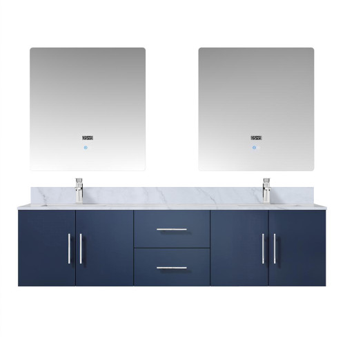 Lexora Geneva 72" Navy Blue Double Wall Mount Vanity Cabinet, White Carrara Marble Top, White Square Sinks and 30" LED Mirrors w/ Faucets