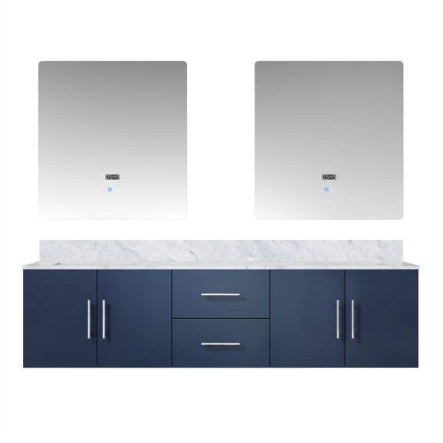 Lexora Geneva 72" Navy Blue Double Wall Mount Vanity Cabinet, White Carrara Marble Top, White Square Sinks and 30" LED Mirrors