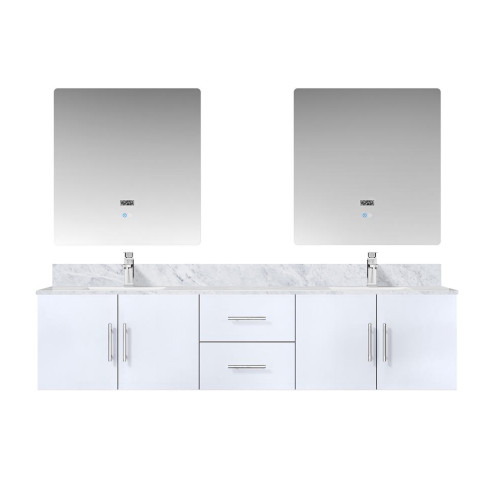Lexora Geneva 80" Glossy White Double Wall Mount Vanity Cabinet, White Carrara Marble Top, White Square Sinks and 30" LED Mirrors w/ Faucets