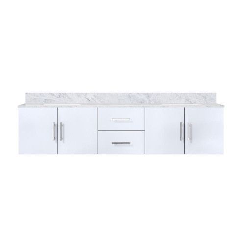 Lexora Geneva 80" Glossy White Double Wall Mount Vanity Cabinet, White Carrara Marble Top, White Square Sinks and no Mirror