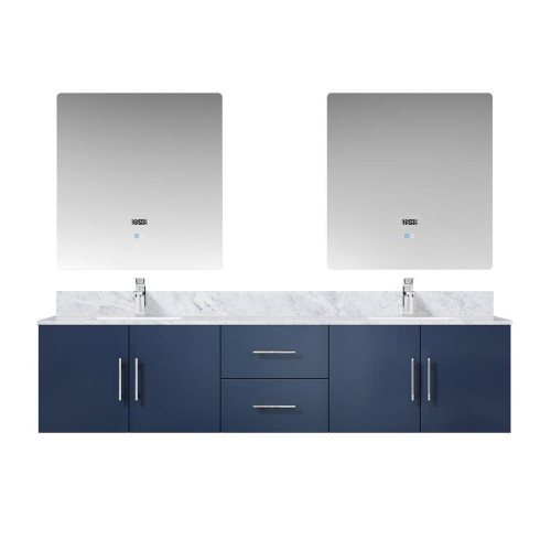 Lexora Geneva 80" Navy Blue Double Wall Mount Vanity Cabinet, White Carrara Marble Top, White Square Sinks and 30" LED Mirrors w/ Faucets