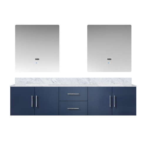Lexora Geneva 80" Navy Blue Double Wall Mount Vanity Cabinet, White Carrara Marble Top, White Square Sinks and 30" LED Mirrors
