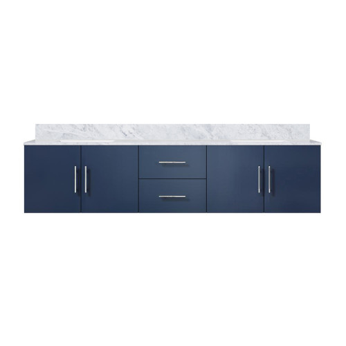 Lexora Geneva 80" Navy Blue Double Wall Mount Vanity Cabinet, White Carrara Marble Top, White Square Sinks and no Mirror