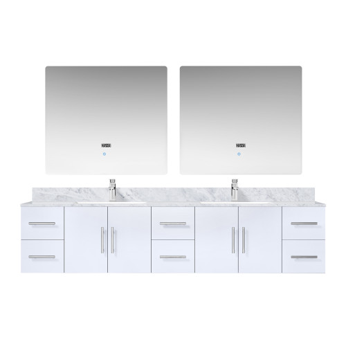 Lexora Geneva 84" Glossy White Double Wall Mount Vanity Cabinet, White Carrara Marble Top, White Square Sinks and 36" LED Mirrors w/ Faucets