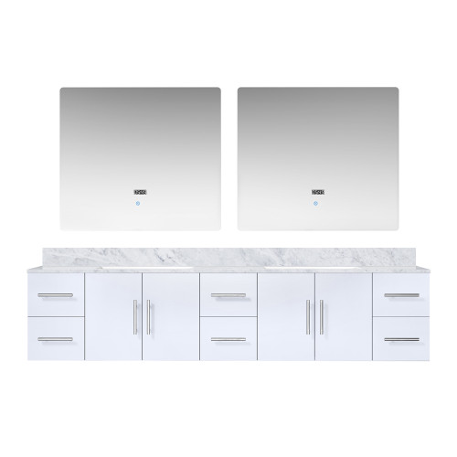 Lexora Geneva 84" Glossy White Double Wall Mount Vanity Cabinet, White Carrara Marble Top, White Square Sinks and 36" LED Mirrors