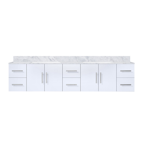 Lexora Geneva 84" Glossy White Double Wall Mount Vanity Cabinet, White Carrara Marble Top, White Square Sinks and no Mirror