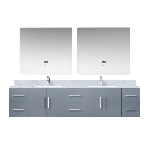 Lexora Geneva 84" Dark Grey Double Wall Mount Vanity Cabinet, White Carrara Marble Top, White Square Sinks and 36" LED Mirrors w/ Faucets