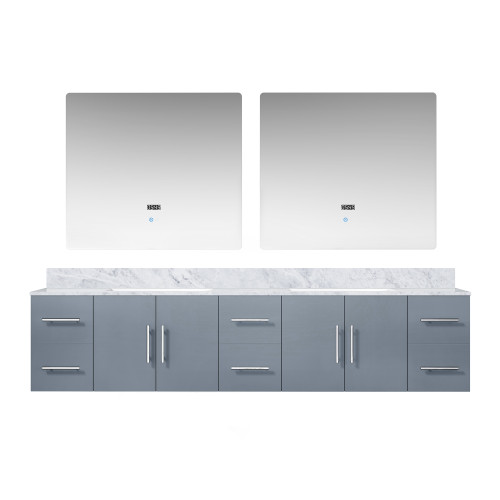 Lexora Geneva 84" Dark Grey Double Wall Mount Vanity Cabinet, White Carrara Marble Top, White Square Sinks and 36" LED Mirrors