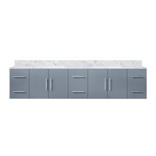 Lexora Geneva 84" Dark Grey Double Wall Mount Vanity Cabinet, White Carrara Marble Top, White Square Sinks and no Mirror
