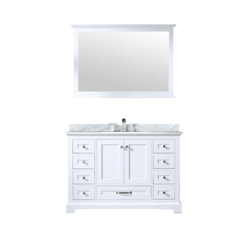 Lexora Dukes 48" White Single Vanity Cabinet, White Carrara Marble Top, White Square Sink and 46" Mirror w/ Faucet