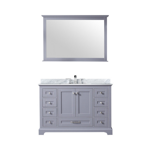 Lexora Dukes 48" Dark Grey Single Vanity Cabinet, White Carrara Marble Top, White Square Sink and 46" Mirror w/ Faucet