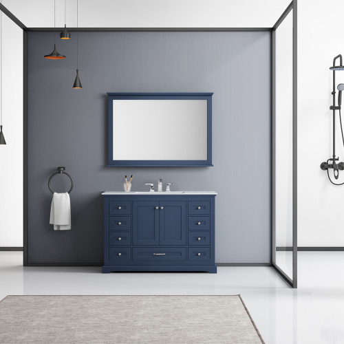 Lexora Dukes 48" Navy Blue Single Vanity, White Carrara Marble Top, White Square Sink and 46" Mirror w/ Faucet