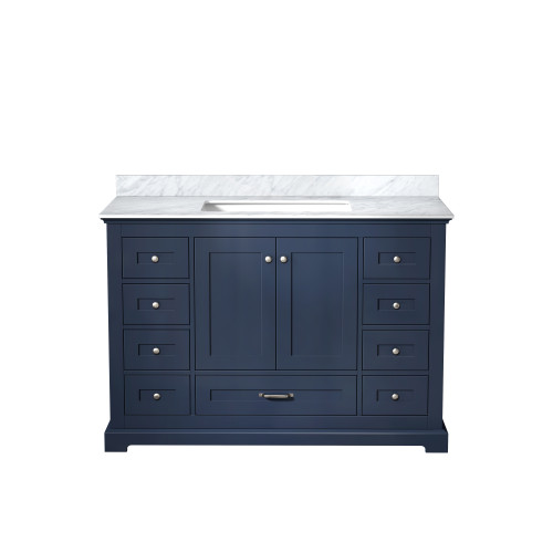 Lexora Dukes 48" Navy Blue Single Vanity Cabinet, White Carrara Marble Top, White Square Sink and no Mirror