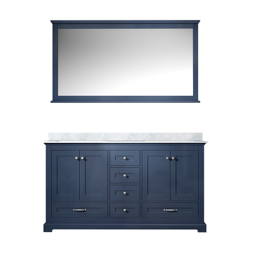 Lexora Dukes 60" Navy Blue Double Vanity Cabinet, White Carrara Marble Top, White Square Sinks and 58" Mirror