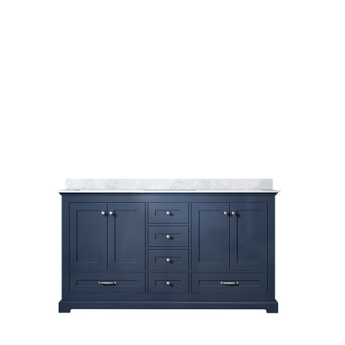 Lexora Dukes 60" Navy Blue Double Vanity Cabinet, White Carrara Marble Top, White Square Sinks and no Mirror Lexora Dukes 60" Navy Blue Double Vanity Cabinet, White Carrara Marble Top, White Square Sinks and no Mirror