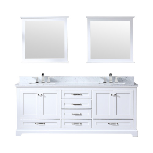 Lexora Dukes 80" White Double Vanity Cabinet, White Carrara Marble Top, White Square Sinks and 30" Mirrors w/ Faucets Lexora Dukes 80" White Double Vanity Cabinet, White Carrara Marble Top, White Square Sinks and 30" Mirrors w/ Faucets