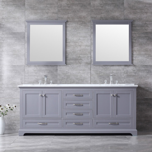 Lexora Dukes 80" Dark Grey Double Vanity, White Carrara Marble Top, White Square Sinks and 30" Mirrors w/ Faucets