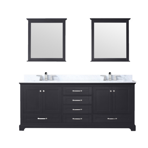 Lexora Dukes 80" Espresso Double Vanity Cabinet, White Carrara Marble Top, White Square Sinks and 30" Mirrors w/ Faucets