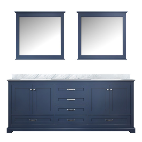 Lexora Dukes 80" Navy Blue Double Vanity Cabinet, White Carrara Marble Top, White Square Sinks and 30" Mirrors