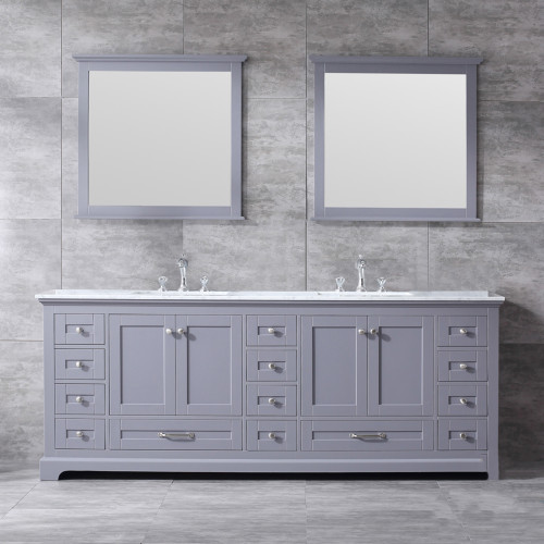 Lexora Dukes 84" Dark Grey Double Vanity, White Carrara Marble Top, White Square Sinks and 34" Mirrors w/ Faucets